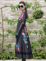 Elegant black dress adorned with a floral pattern and weasel motif, suitable for various events.