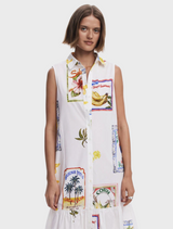 A white dress adorned with a lively, colorful print design.
