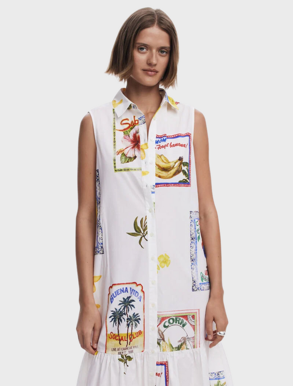 A white dress adorned with a lively, colorful print design.