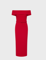 Red Precious Midi Dress featuring a fitted bodice and flowing skirt, perfect for elegant occasions.