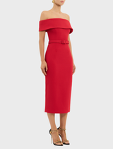 Stylish red midi dress with a tailored bodice and a graceful skirt, suitable for various occasions.