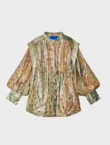 Multicolor lurex jacquard shirt with balloon sleeves, tulle lining, and a metallic sheen, ideal for evening wear.