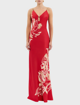 A striking red dress featuring elegant gold and red floral designs.