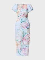 Stylish blue floral midi dress showcasing puff sleeves and a flattering fit, suitable for casual or semi-formal gatherings.