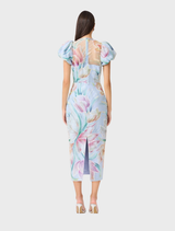 Beautiful blue floral midi dress featuring puff sleeves and a graceful silhouette, perfect for outdoor events or gatherings.