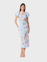Charming blue floral midi dress with puff sleeves, offering a blend of comfort and style for various seasonal occasions.