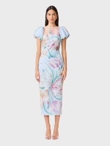 Blue floral midi dress with puff sleeves, featuring a fitted bodice and flowing skirt, ideal for spring or summer occasions.