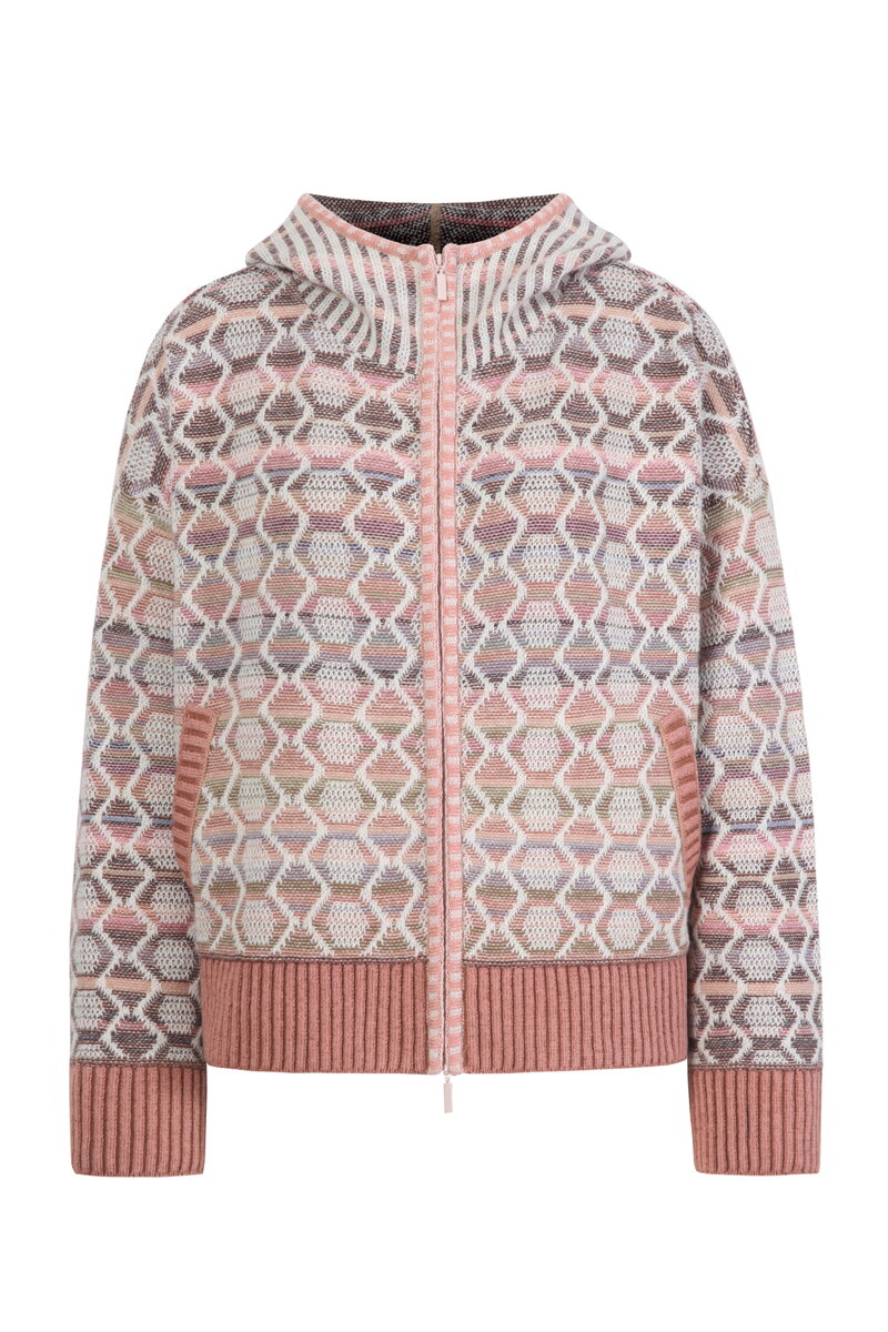 Zip Jacket with Hoodie, Geometric Pattern - Peach