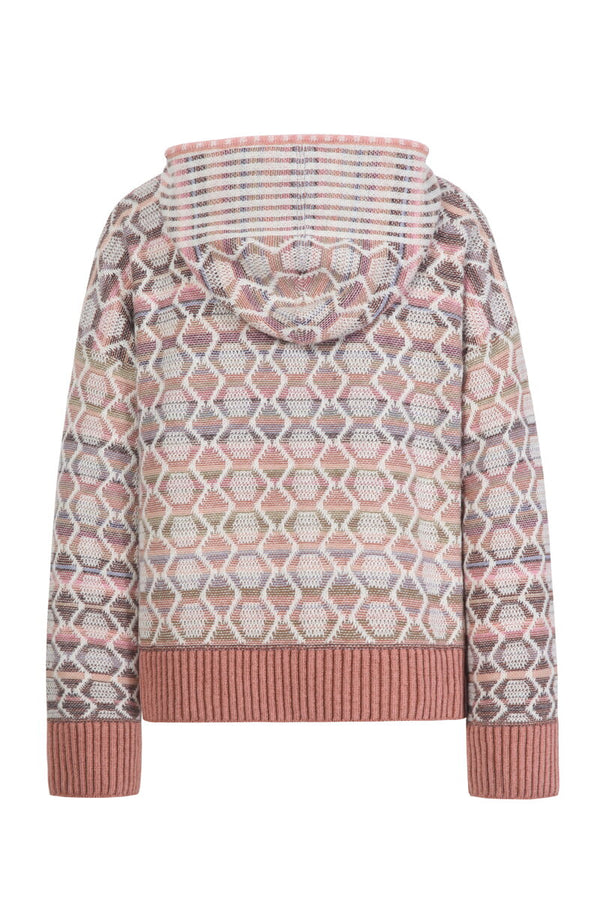 Zip Jacket with Hoodie, Geometric Pattern - Peach