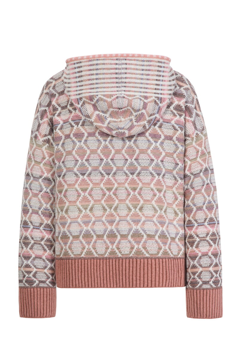 Zip Jacket with Hoodie, Geometric Pattern - Peach