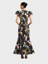 Stylish puff sleeve maxi dress in ebony, embellished and featuring a lively lemon vine print for a chic look.