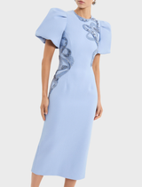 Stylish blue midi dress with puff sleeves, ideal for both casual and formal events.