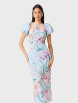 Blue floral midi dress with puff sleeves, featuring a fitted bodice and flowing skirt, ideal for spring or summer occasions.