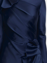 Ramwark Maxi Dress in Sapphire, characterized by its fluid maxi silhouette and luxurious satin, suitable for formal occasions.
