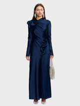 Ramwark Maxi Dress in Sapphire, featuring a sculpted silhouette and satin finish, ideal for evening occasions and celebrations.