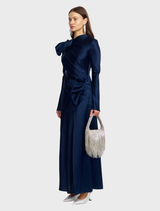 Elegant Ramwark Maxi Dress in Sapphire, showcasing a floor-length design and refined satin texture for after-dark events.
