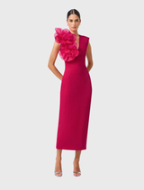 Modern raspberry pink maxi dress with V-neck, 3D floral trim, fitted shape, floor-length design, and invisible zipper at the back.