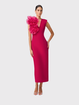 Elegant raspberry pink V-neck maxi dress featuring floral appliqué, fitted design, floor-length hem, and hidden zipper closure.