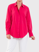 Elegant raspberry Saville Shirt with a polished finish, featuring a curved hem and concealed placket, designed in Australia.