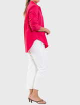 Raspberry Saville Shirt with an oversized fit, curved hem, and concealed front placket, crafted from high-stretch cotton blend.