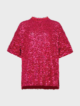 Eye-catching raspberry t-shirt embellished with sequins, featuring lace trim and side vents for a stylish, comfortable fit.