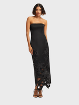 The Rayna maxi dress in ebony showcases a stylish bustier with intricate appliqué details, perfect for formal occasions.
