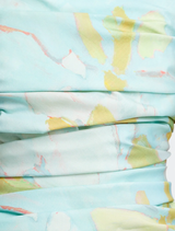  Chic blue plum mini dress with a vibrant forest motif, designed with a fitted shape and short sleeves for a trendy look.
