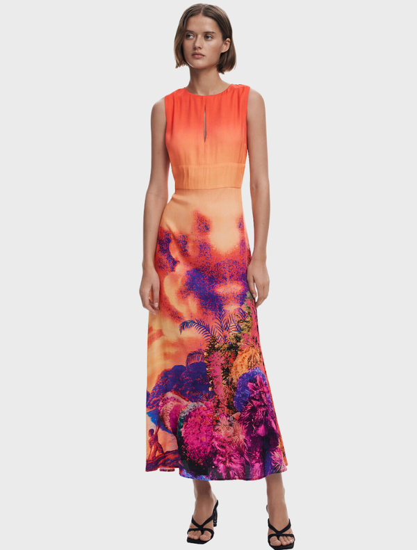 A dress adorned with an eye-catching orange and blue print, perfect for a fashionable look.