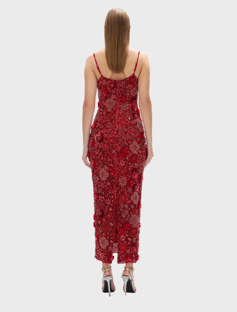 Graceful red Francesca gown with a timeless style and exquisite craftsmanship, designed for upscale events.