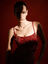 Stunning red Francesca gown featuring a fitted bodice and a dramatic skirt, ideal for evening events.