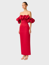 Elegant red off-shoulder column gown by Lucetta, designed for a chic and formal appearance.