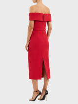 Chic red midi dress showcasing a structured bodice and a soft, flowing skirt, perfect for any event.