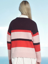 Soft wool blend jumper in red and multi stripes, designed for comfort with a relaxed fit and an embroidered 'Cooper' logo.