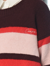 Effortlessly stylish red and multi-striped jumper with a relaxed silhouette, crafted from breathable wool blend and 'Cooper' logo.