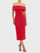 Elegant red midi dress with a fitted top and a flowing skirt, ideal for special events or casual outings.