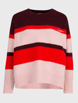 Cozy red and multi-striped jumper with a relaxed silhouette, embroidered 'Cooper' logo, ideal for layering or standalone wear.