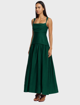 Elegant deep emerald maxi dress featuring a structured bodice and floor-length design, ideal for statement occasions.