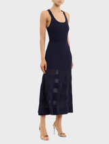 Navy Reign Midi Dress showcasing a classic design with a fitted top and a graceful, flowing skirt.