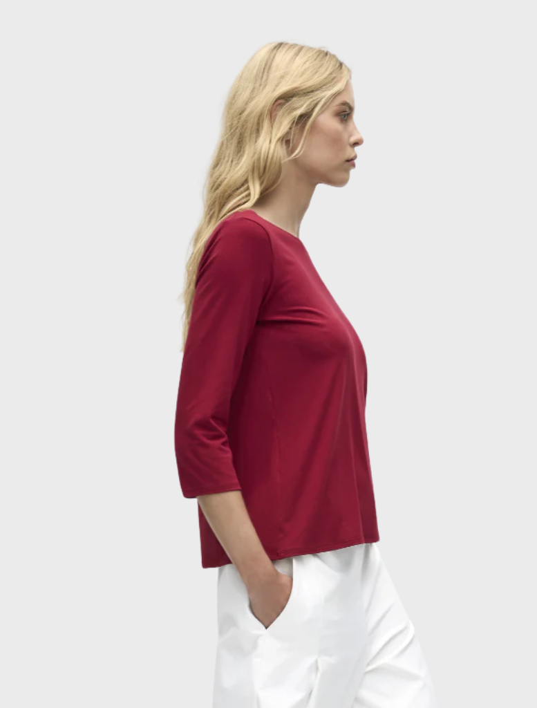 Casual berry boat neck top, showcasing a relaxed fit and stylish design, ideal for a laid-back look.