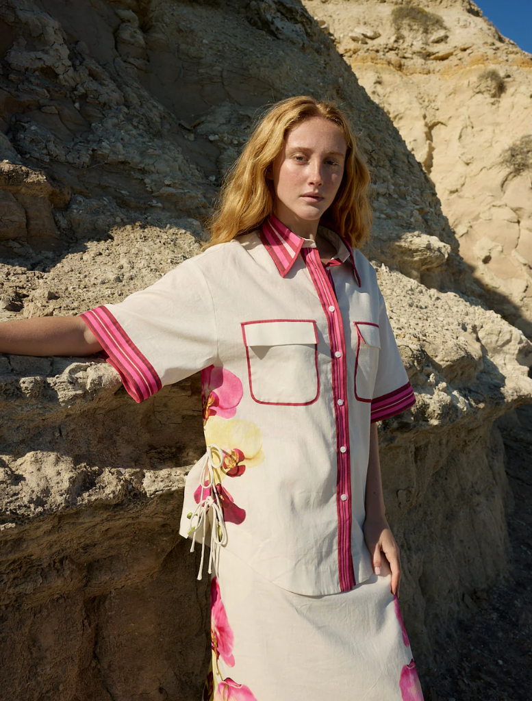 Remy shirt featuring an antique phalaenopsis floral pattern in soft colors, ideal for casual or semi-formal wear.
