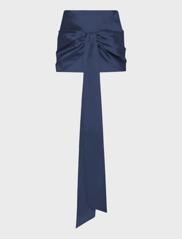 Navy satin tie waist skirt, featuring a sleek design and elegant finish, perfect for formal or casual occasions.