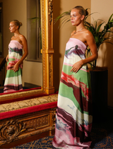 Retro Resin Lucie Dress is a maxi dress with a strapless design, internal corset, and abstract print, suitable for summer events.