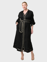 Rhea Maxi Dress in black, crafted from Tencel with beautiful embroidery, perfect for formal occasions.