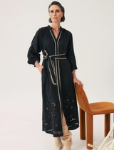 Black Rhea Embroidered Tencel Maxi Dress featuring intricate embroidery and a flowing silhouette.