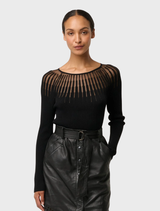 Lightweight black sheer knit top in viscose and nylon, offering a sophisticated and versatile addition to any wardrobe.