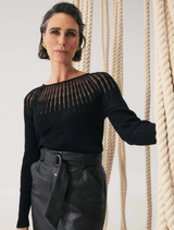 Black sheer knit top made of viscose and nylon, featuring a lightweight and elegant design suitable for various occasions.