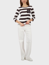 R/N stripe jersey in dark chocolate, designed with elegant stripes for a chic and versatile look.