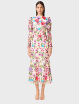 Multi floral Rosette long sleeve midi dress displayed on a mannequin against a neutral background.