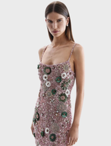 Elegant Francesca Gown in Rosewater with hand-sewn details, a column silhouette, and a dramatic back split for a stunning look.