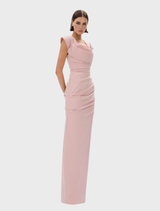A stunning rosewater Salma gown, characterized by its elegant draping and sophisticated style for special events.